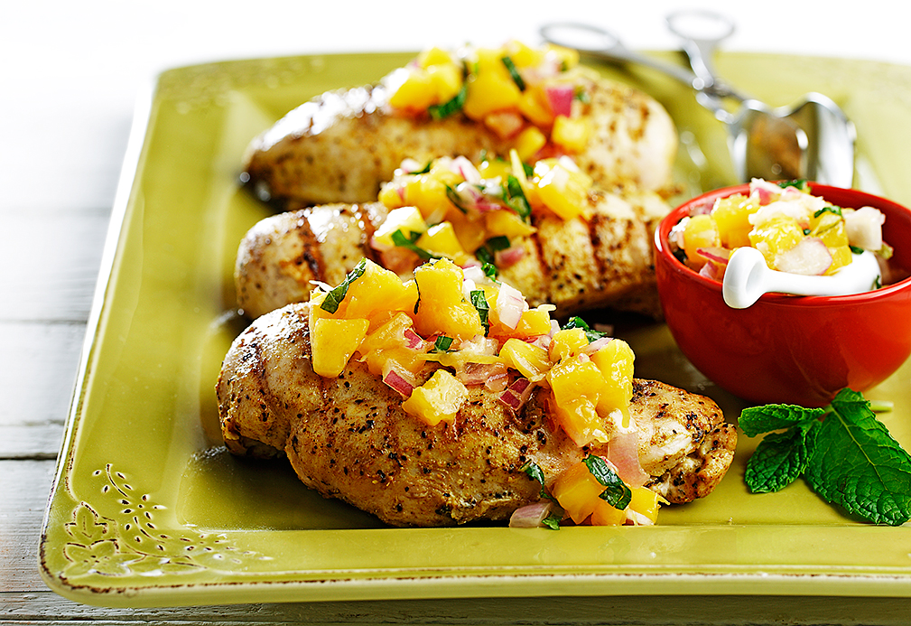 Grill Pan Chicken with Fiery Mango Ginger Salsa recipe made with canola oil in partnership with the American Diabetes Association