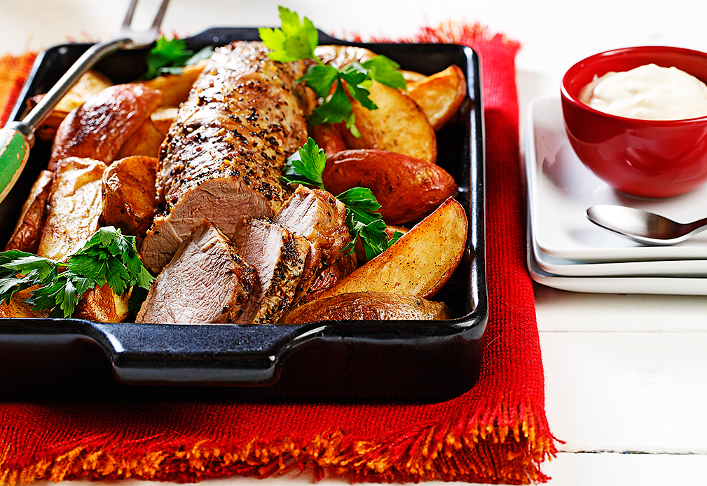 Pork Tenderloin, Potatoes and Horseradish Mustard Seed Sauce recipe made with canola in partnership with the American Diabetes Association 