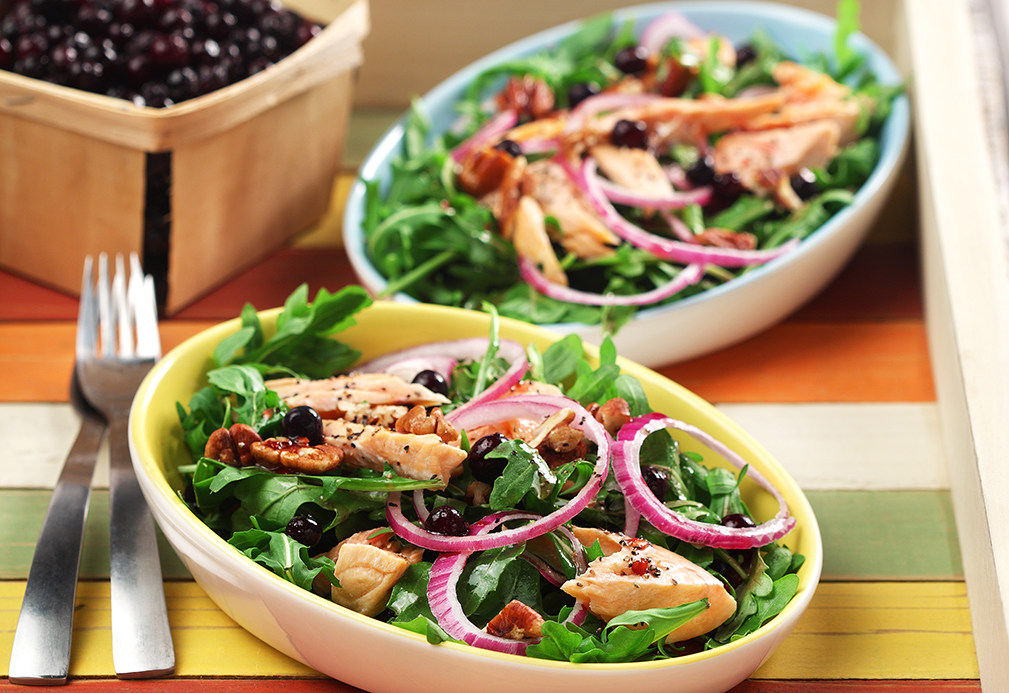 Salmon Arugula Salad with Blueberry Pomegranate Vinaigrette recipe made with canola oil by Nancy Hughes