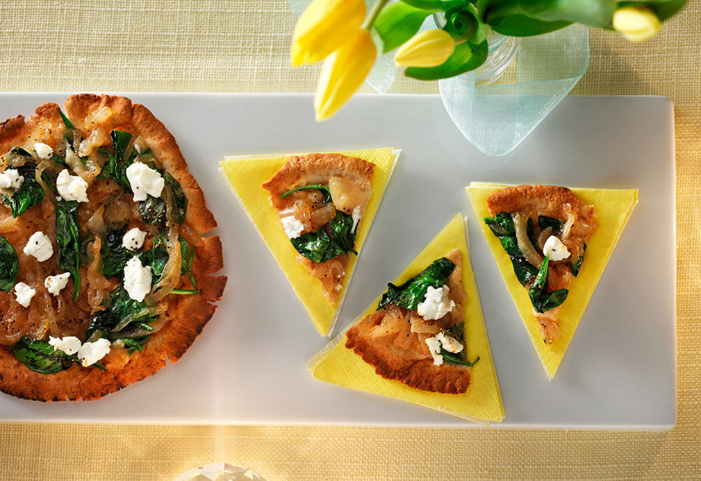 Balsamic Caramelized Onion, Spinach and  Goat Cheese Pita Pizzas