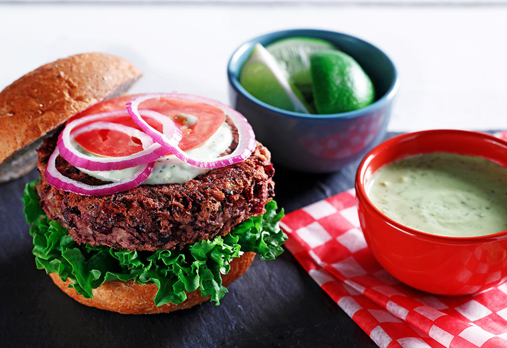 Black Bean Burgers with Avocado Lime Mayonnaise recipe made with canola oil in partnership with the American Diabetes Association