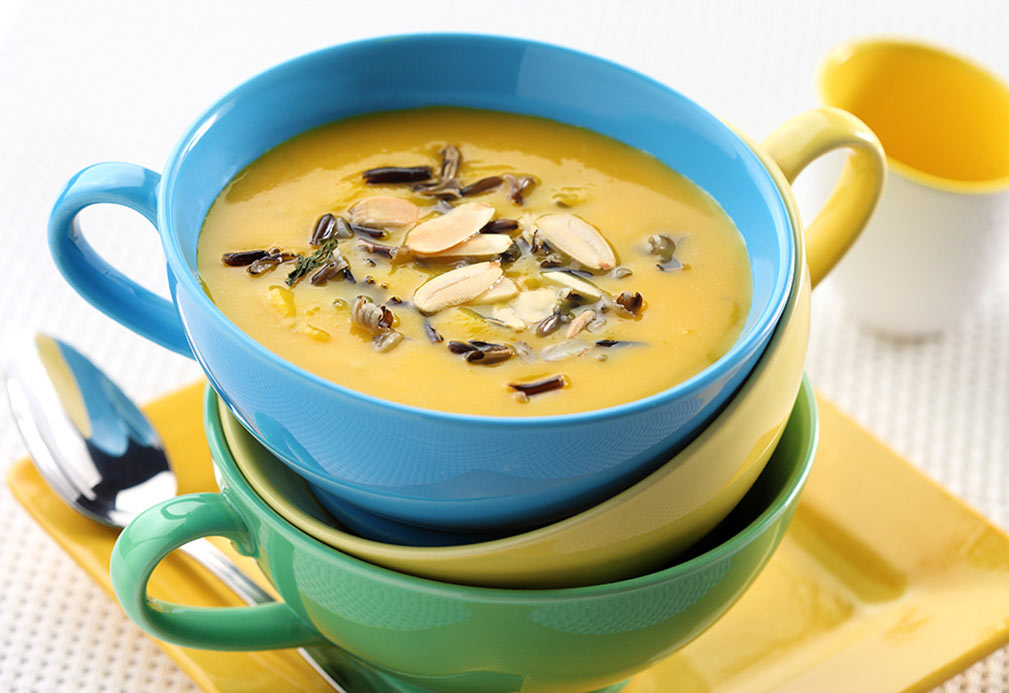 Butternut Squash and Apple Soup with Wild Rice and Toasted Almonds recipe made with canola oil