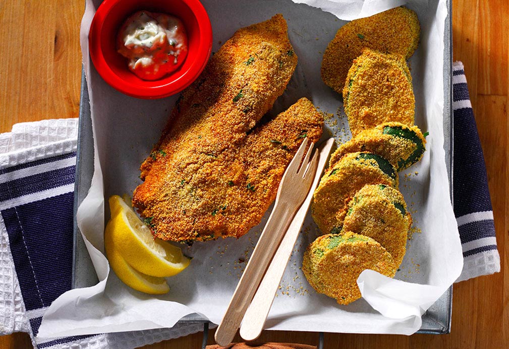 Cornmeal Crusted Fish and Zucchini Chips recipe made with canola oil by Dawn Jackson Blatner