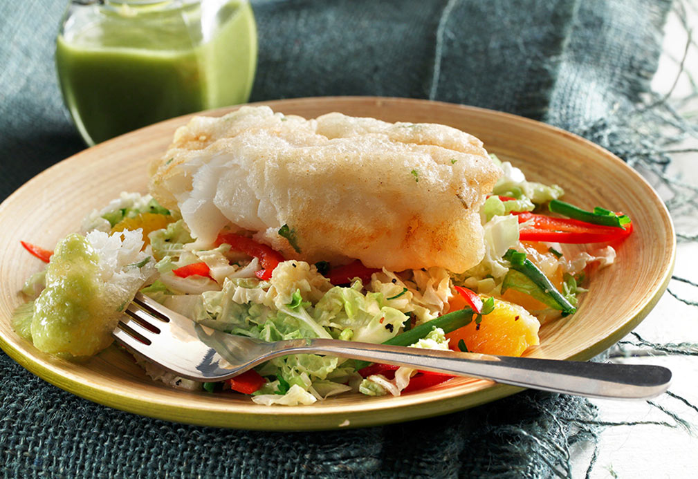 Crispy Tempura Cod over Napa Cabbage Slaw recipe made with canola oil by the Culinary Institute of America