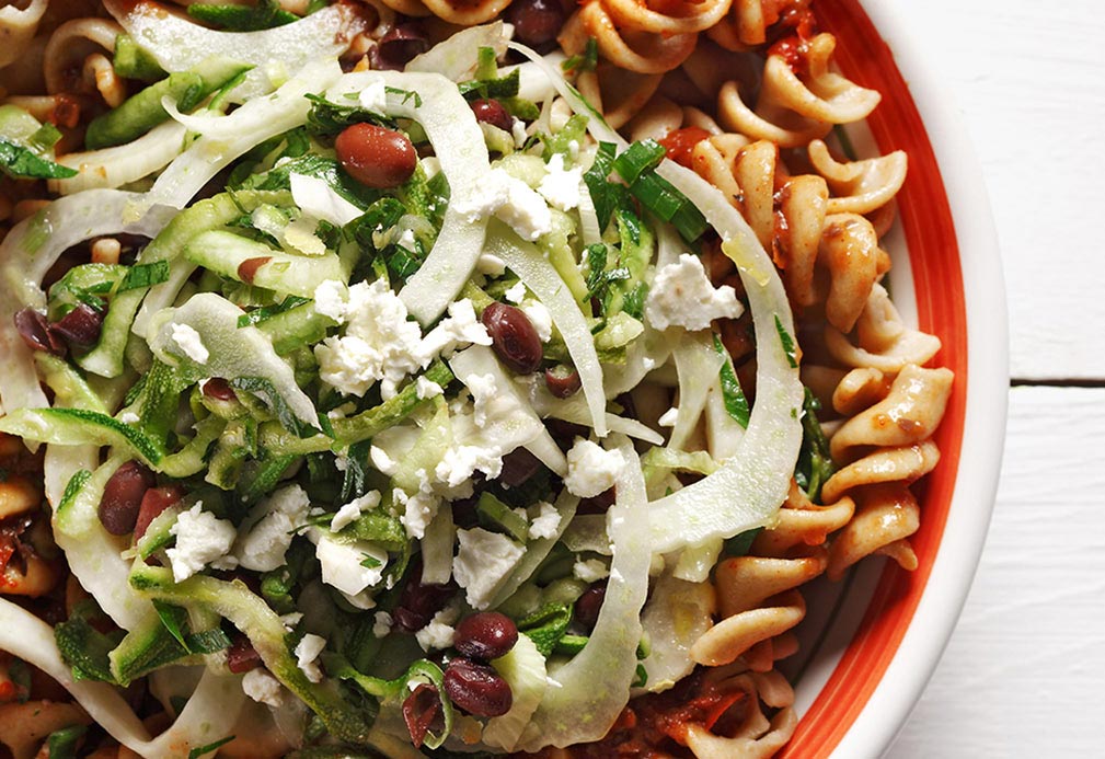 Fusilli Pasta with Chile Sauce and Black Bean Fennel Relish recipe made with canola oil by Carla Hall