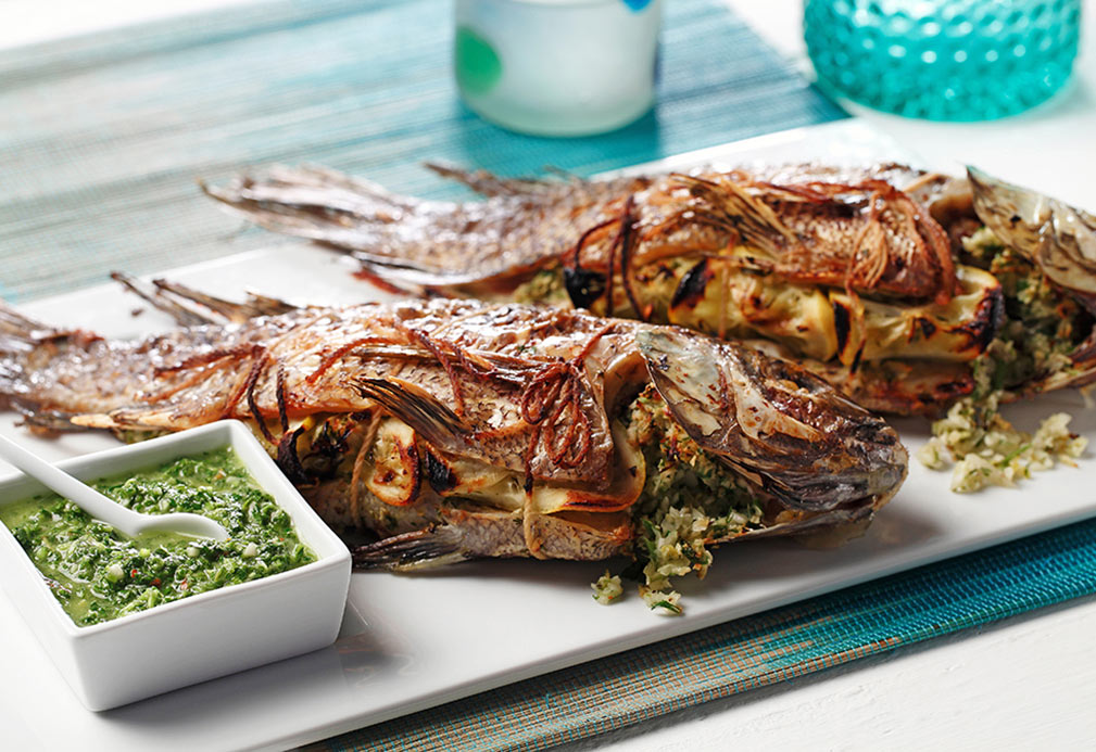 Grilled Herb Stuffed Fish with Chimichurri Sauce recipe made with canola oil by Nathan Fong