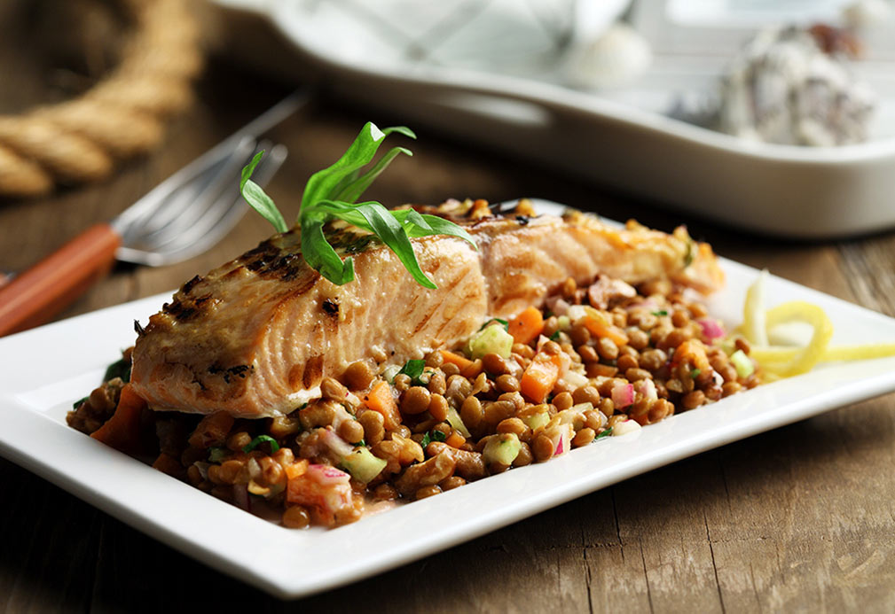 Grilled Salmon Over Lentil Salad with Walnut Vinaigrette