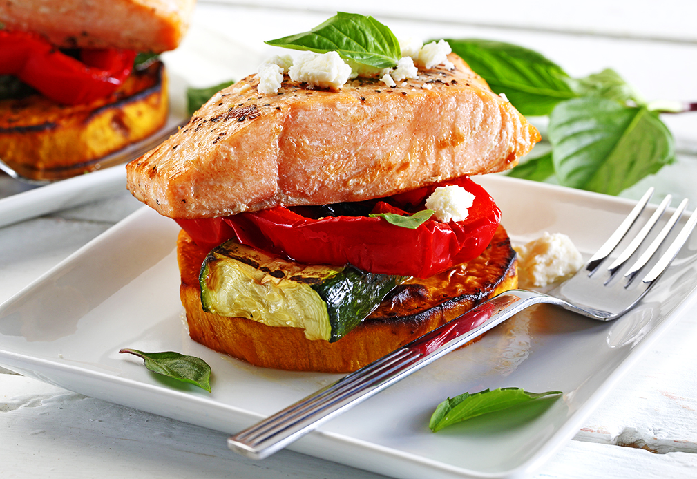 Grilled Vegetable and Salmon Stacks recipe made with canola oil by Patricia Chuey