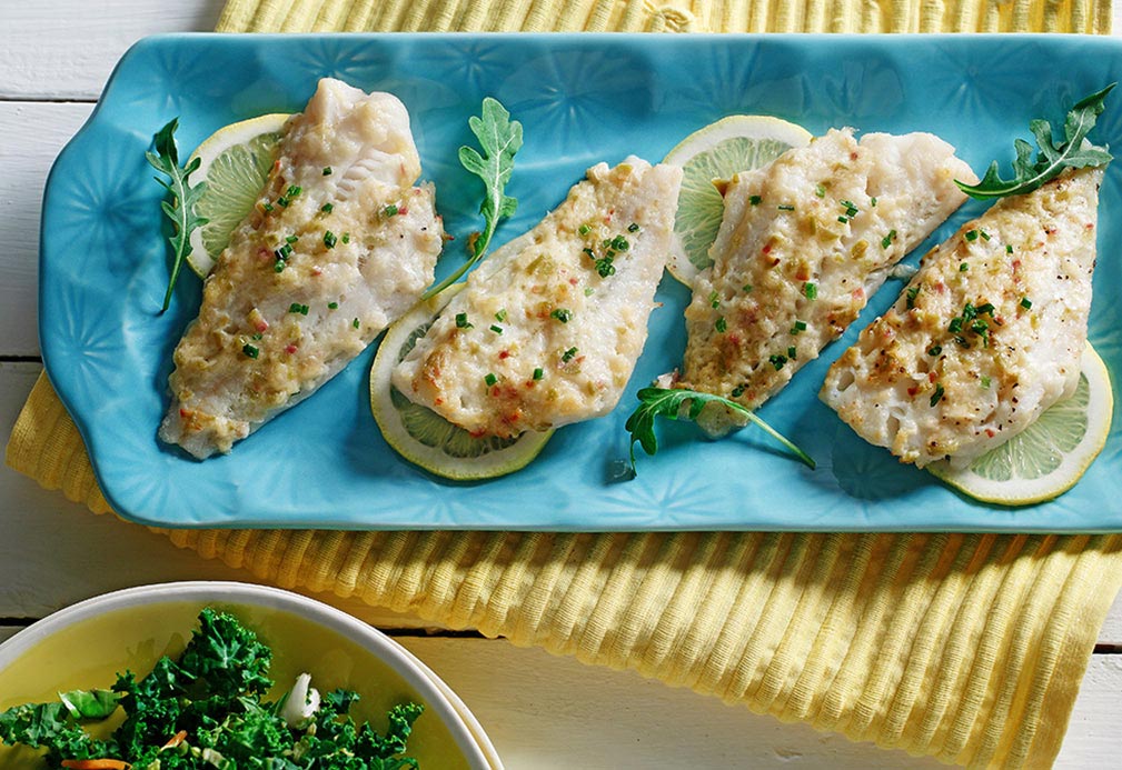 Grilled White Fish with Garlic Sauce recipe made with canola oil by Guadalupe Garcia-de-Leon
