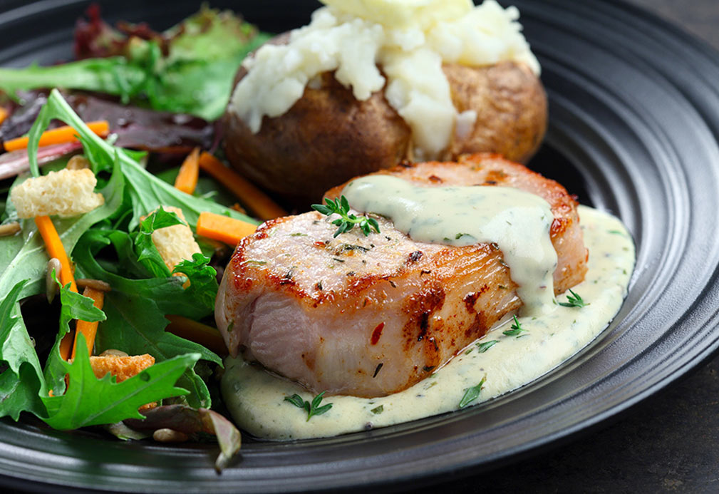 Herbed Pork Chops on Mustard Sauce recipe made with canola oil by Nancy Hughes