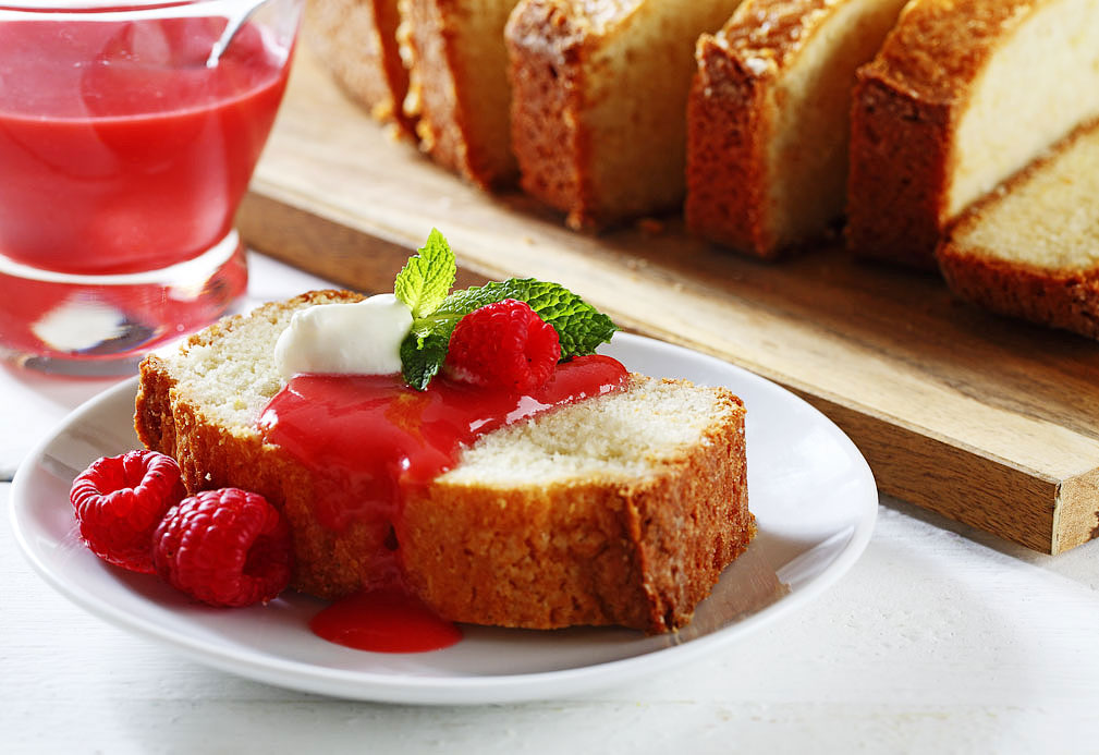 Lemon Vanilla Bean Canola Oil Pound Cake With Raspberry Sauce recipe made with canola oil by the Culinary Institute of America