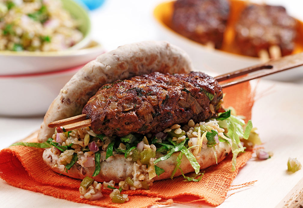 Moroccan Ground Lamb Kebabs with Preserved Lemon Tabbouleh recipe made with canola oil by Nathan Fong