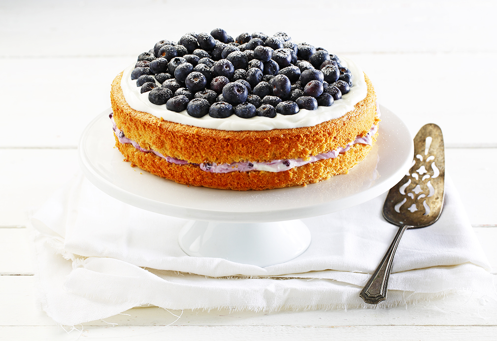 Orange Almond Sponge Cake with Blueberries recipe made with canola oil by Patricia Chuey