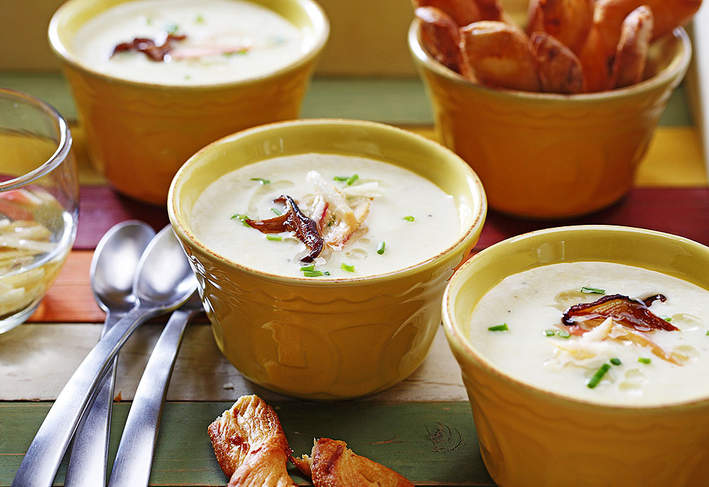 Parsnip Vichyssoise with Apple Horseradish Oil and Shiitake Chips recipe made with canola oil by the Culinary Institute of America