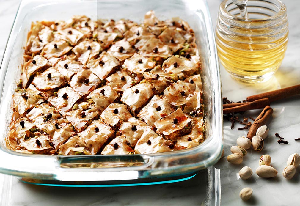 Pistachio Baklava recipe made with canola oil by the Culinary Institute of America