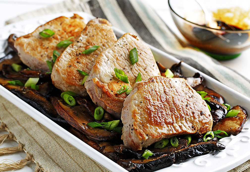 Pork Loin Chops with Sweet Balsamic Mushrooms recipe made with canola oil by Nancy Hughes