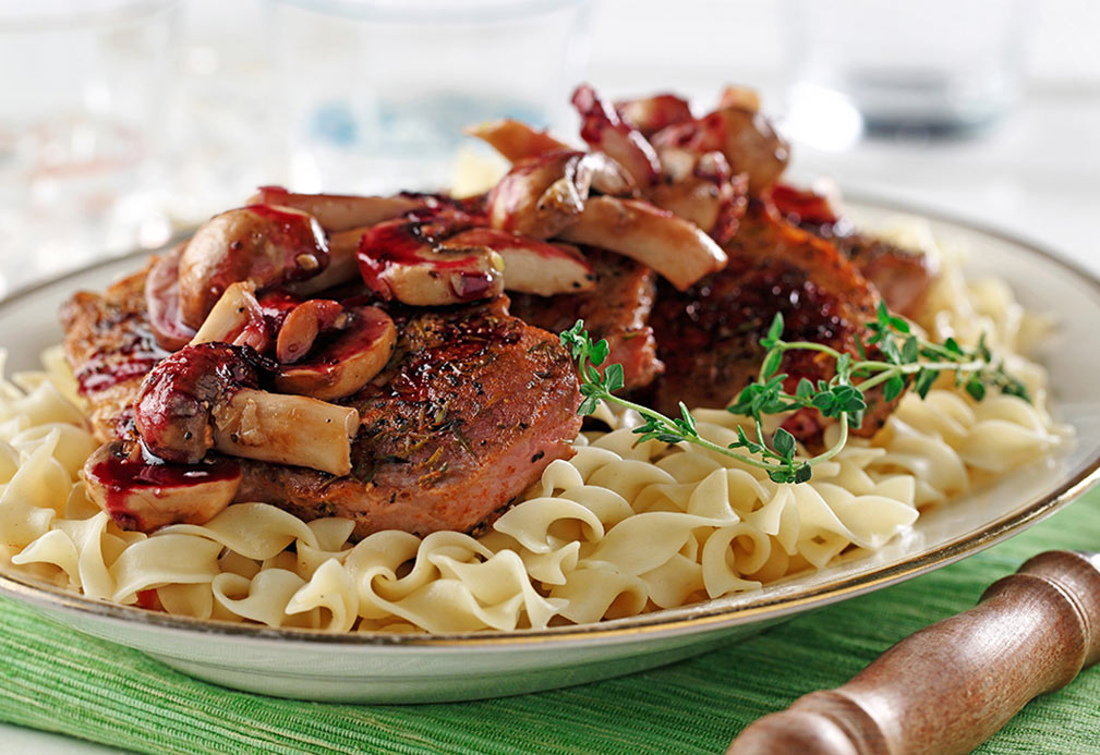 Sautéed Pork Loin Chops with Burgundy Mushrooms recipe made with canola oil by Kathleen Bruni