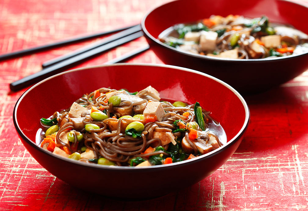 Soba Noodles with Mushroom, Spinach & Tofu recipe made with canola oil