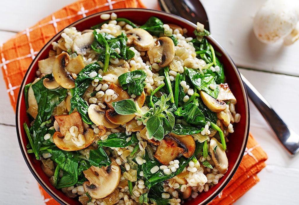 Spinach and Mushroom Barley Pilaf recipe made with canola oil in partnership with the American Diabetes Association