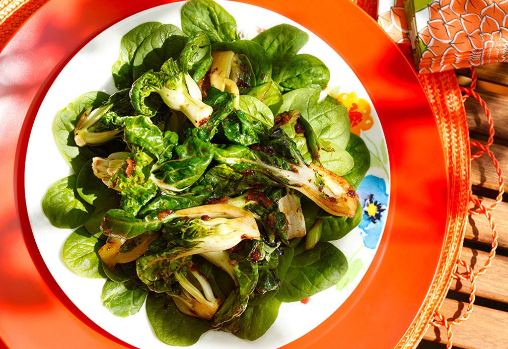 Spinach Salad with Seared Bok Choy, Ginger and Cilantro