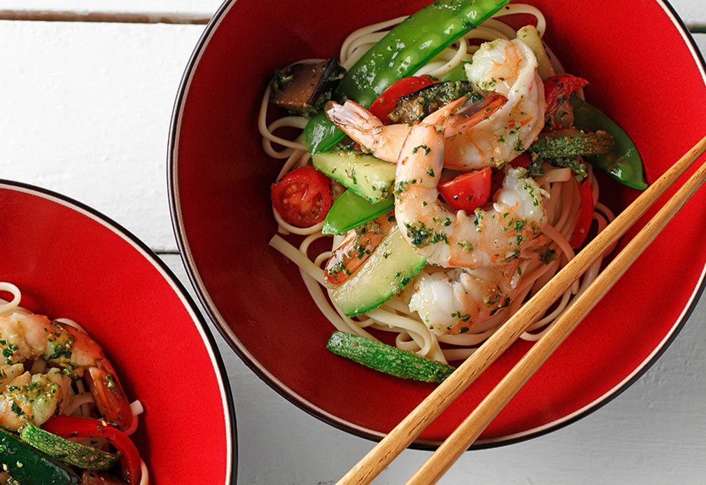 Stir-Fried Shrimp and Vegetables with Garden Fresh Pesto recipe made with canola oil by Kathleen Bruno