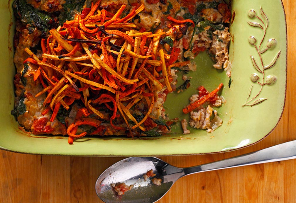 Turkey Burger Casserole with Parsnip and Carrot Frites recipe made with canola oil by Dawn Jackson Blatner