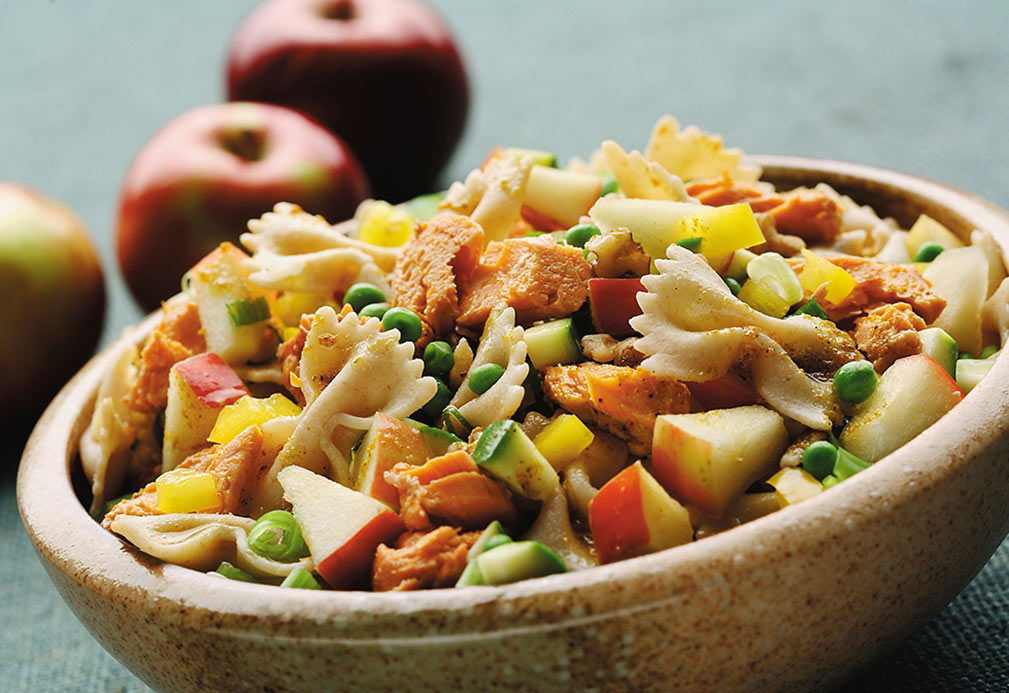 Warm Salmon Pasta Salad recipe made with canola oil