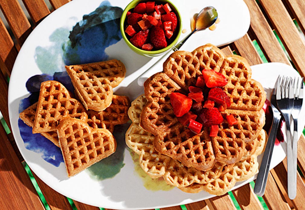 Whole Grain Waffles with Strawberry Rhubarb Topping recipe made with canola oil by Ellie Krieger