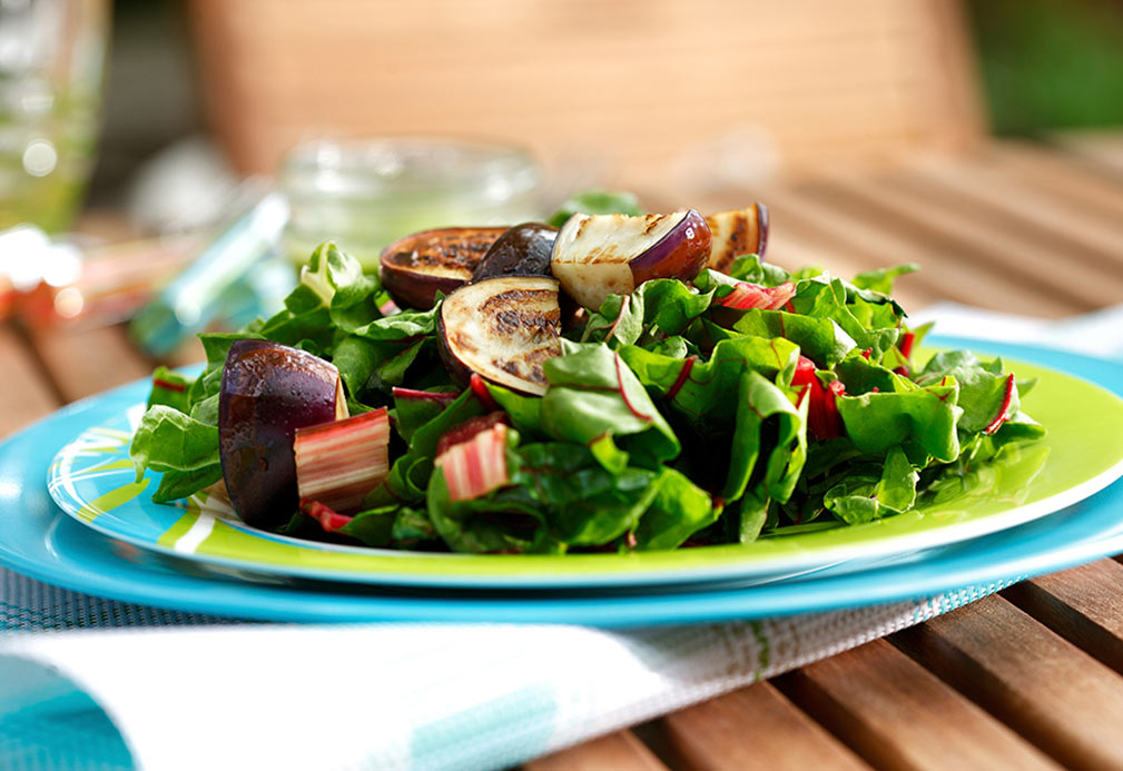 Wilted Rainbow Chard with Seared Eggplant and Parsley Vinaigrette recipe made with canola oil by Robin Miller