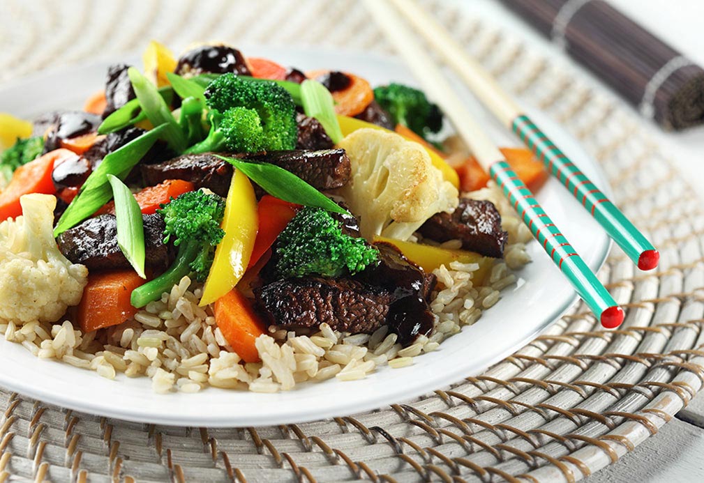 Zesty Beef Stir Fry over Brown Rice made with canola oil