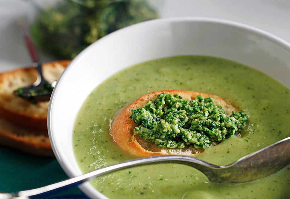 Zucchini Squash Soup with Basil Pistou Croutons recipe made with canola oil by Kathleen Bruno