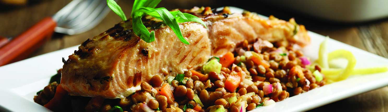 Grilled Salmon Over Lentil Salad with Walnut Vinaigrette made with canola oil