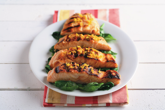 Orange Glazed Salmon over Sauteed Spinach recipe made with canola oil by Roberta L. Duyff