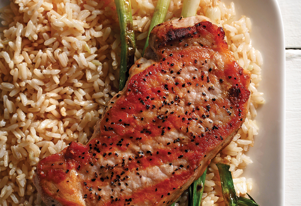 Pork Chops With Dijon Scallion Rice recipe made with canola oil by Nancy Hughes