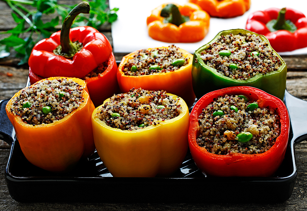 Quinoa Stuffed Tri-Colored Bell Peppers recipe made with canola oil by Manuel Villacorta