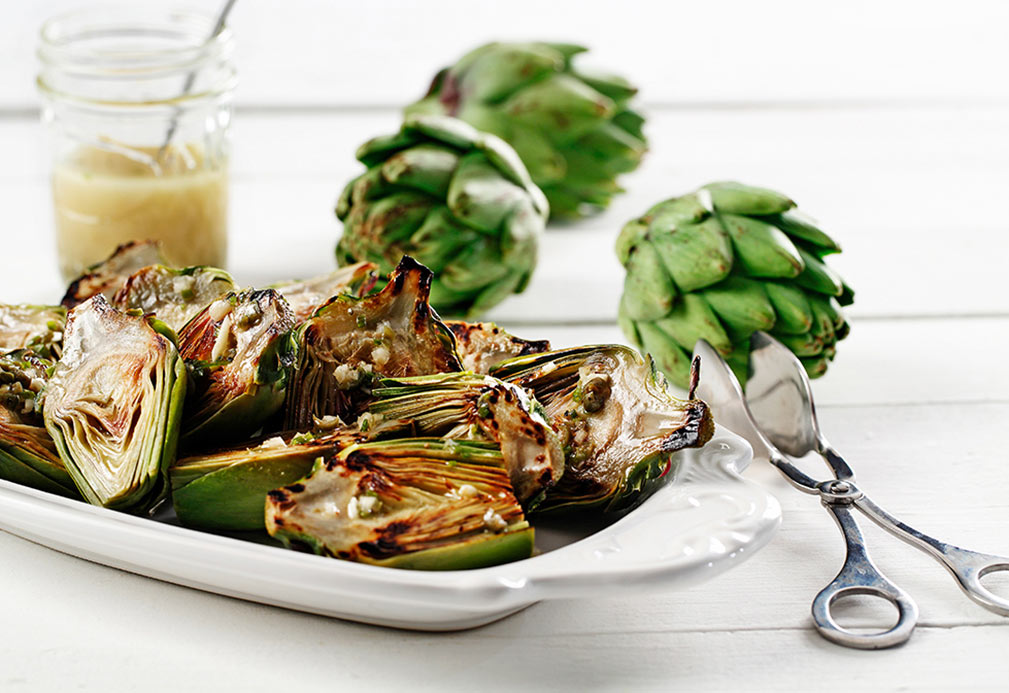 Grilled Baby Artichokes with Lemon Caper Vinaigrette recipe made with canola oil by Nathan Fong
