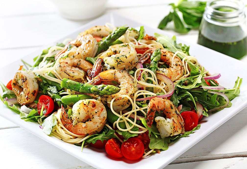 Lemon Basil Canola Oil Over Grilled Prawns And Pasta recipe made with canola oil by the Culinary Institute of America