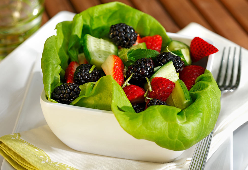 Mixed Berry, Cucumber and Mint Salad with Lime Dressing recipe made with canola oil by Robin Miller