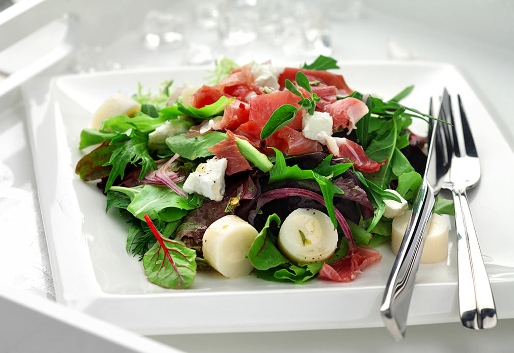 Prosciutto and Hearts of Palm Salad with Champagne Vinaigrette recipe made with canola oil by Nancy Hughes