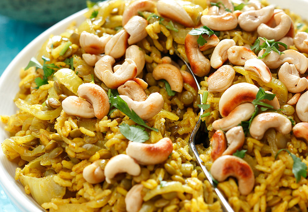 Rice Pilaf with Lentils, Curried Onions & Cashews recipe made with canola oil