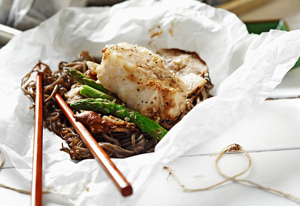 Sea Bass with Soba Noodles and Sake Soy Sauce recipe made with canola oil by Gene Kato