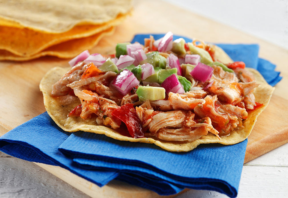 Shredded Chicken Tostadas with Spicy Tomato Salsa recipe made with canola oil by Alfredo Oropeza