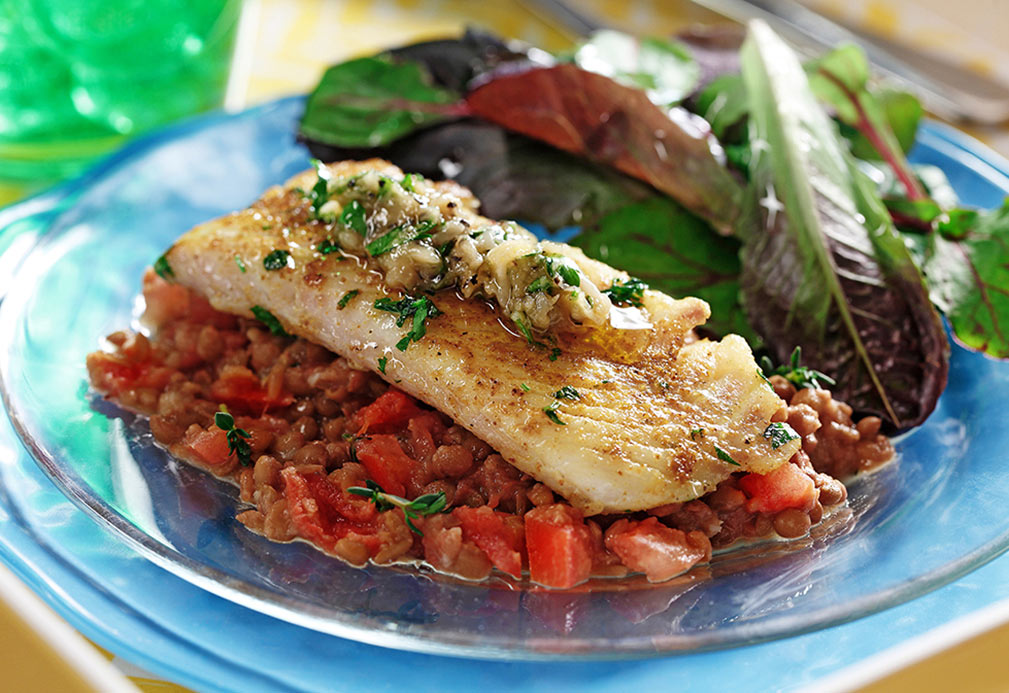 White Fish with Roasted Garlic and Lentil Mash recipe made with canola oil by Emily Richards