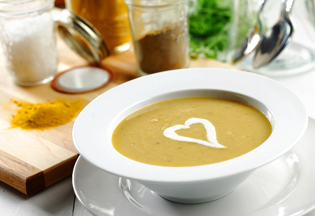 Yellow Split Pea Soup with Chile Spiked Onion and Crème Fraîche recipe made with canola oil by Raghavan Iyer