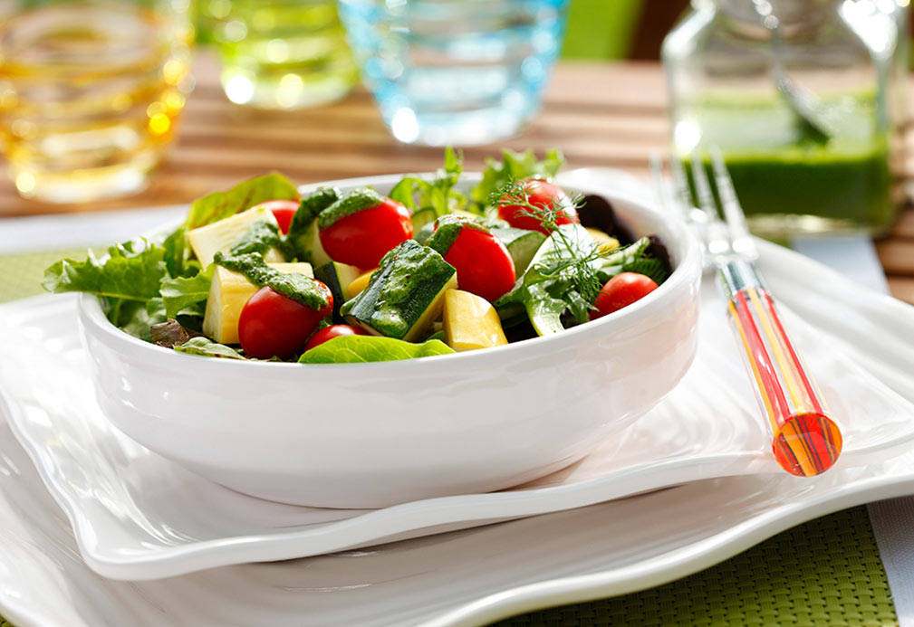 Zucchini, Squash and Grape Tomato Salad with Basil Vinaigrette recipe made with canola oil by Robin Miller